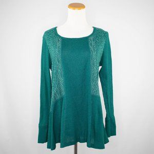 Symmetry teal stretch lace and waffle knit (L)